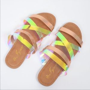 Iridescent Metallic Clear Strappy Flat Sandals